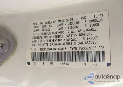2008 Honda Accord 3.5 Ex-L from USA, damaged, VIN 1HGCS22868A002008